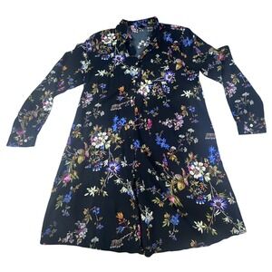 Plaza Italia Women Floral Print Long‎ Sleeve Button Front Dress Black Blue